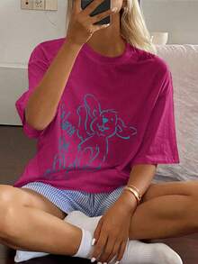 DAZY 2pcs/Set Women Cute Puppy Print Loose T-Shirt And Striped Shorts Pajama Set, Summer - Hot Pink - View 1