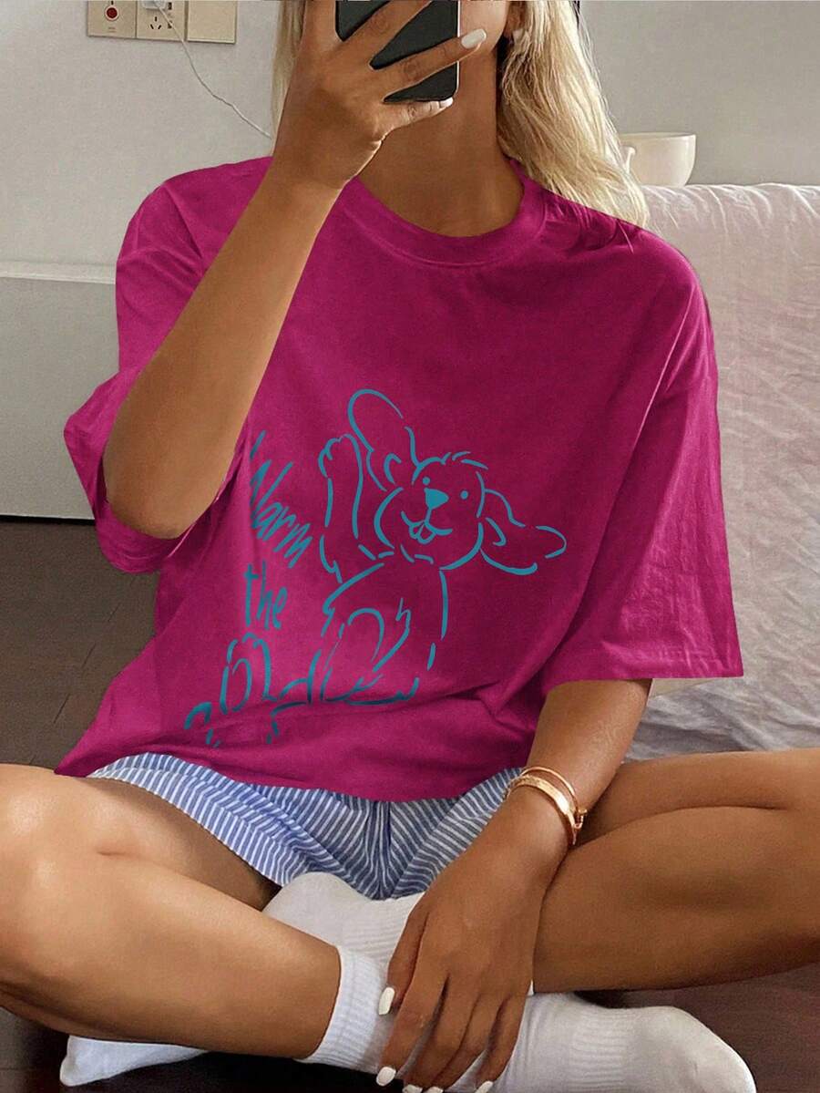 DAZY 2pcs/Set Women Cute Puppy Print Loose T-Shirt And Striped Shorts Pajama Set, Summer - Hot Pink - View 1