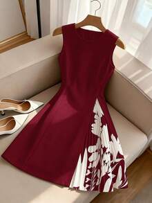 Easura Abito corto nero senza maniche con stampa plissettata, linea ad A, svasato, patchwork, elegante casual per uso quotidiano, pendolarismo e ufficio, taglie forti, abito estivo da donna - Bordò - Visualizzare 5