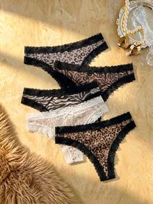 Bare Chapter Set de 5 bragas tipo tanga cómodas con parches de encaje y estampado de leopardo para mujeres - Multicolor - Ver 1
