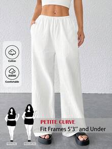 SHEIN PETITE CURVE 大码弹力腰休闲纯色裤 - 白色 - 查看 1