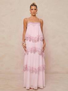 Lumalex Spring/Summer New Chiffon Ruched Contrast Lace Adjustable Strap Backless Dress - Baby Pink - View 1