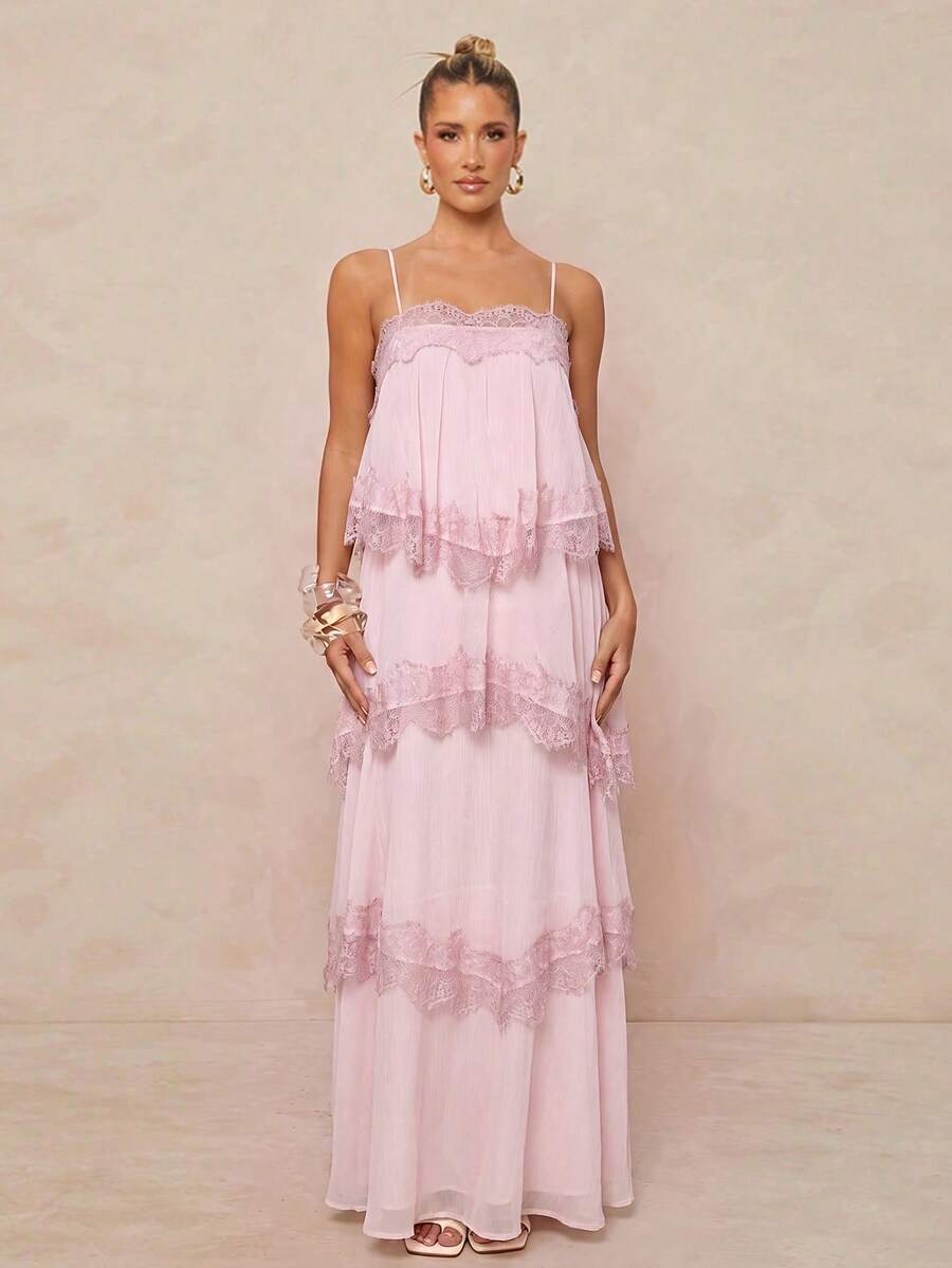 Lumalex Spring/Summer New Chiffon Ruched Contrast Lace Adjustable Strap Backless Dress - Baby Pink - View 1