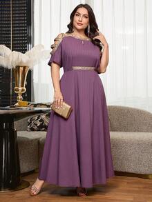 Reflora Plus Size Fashion Cinched Waist Rhinestone Embellished Off-Shoulder Dress - Multicolor - View 7