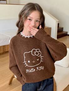 HELLO KITTY | DAZY Contrast Color Cute KT Cat Pattern Embroidered Long Sleeve Autumn/Winter Tween Girls Sweater - Brown - View 6