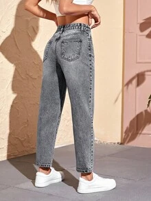 SHEIN PETITE Women's Casual Everyday Pockets Button Denim Jeans ,Petite Women - Grey - View 2