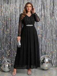 Reflora Plus Size Women V-Neck Lace Patchwork Rhinestone Decor Casual Daily Wear Jumpsuit - Black - View 5