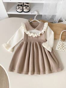 SHEIN Baby Girl Colorblock Patchwork Ruffle Knit Dress Autumn Fall - Khaki - View 3