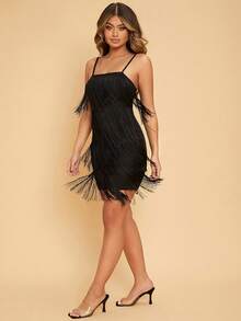 SHEIN SXY Summer Solid Color Tassel Detail Black Tight Sexy Party Cami Mini Dress - Black - View 7
