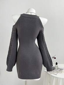 Elamini Gaun Sweater Rajut Motif Berlian dengan Bahu Terbuka, Cocok untuk Kencan Sehari-hari, Warna Abu-abu, Musim Gugur, Elegan - Dark Grey - View 2