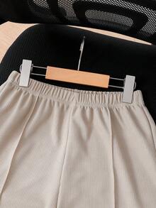 青少年男孩夏季杏色休閒極簡純色華夫格紋 Polo 衫短袖上衣與短褲套裝，寬鬆舒適版型，適合日常外出、學校活動、家庭聚會、戶外玩樂 - 卡其色 - 查看 4