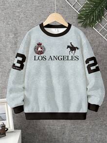 (1件) 男童時尚簡約休閒 Pony Los Angeles Badge 23 灰色與黑色拼接圖案基本款圓領運動衫 - 彩色 - 查看 4