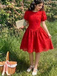 SHEIN 熱門優雅紅色泡泡袖A字裙，適合青少年女孩，春/夏，刺繡裝飾，優雅風格，適用於家庭聚會、節慶和日常外出 - 紅色 - 查看 7