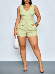 SOLERSUN Plus-Size Women's Sleeveless Two Pieces Crop Set, Suitable For Professional And Business Occasions. - Green - View 2