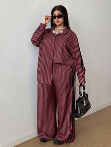 Maweii 女款2件套秋冬條紋通勤簡約寬鬆休閒印花大尺碼襯衫與長褲 - 中紫紅色 - 查看 5