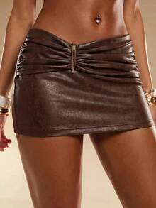 Normani Women's Sexy Metal Decor Pleated Mini Skirt - Brown - View 6