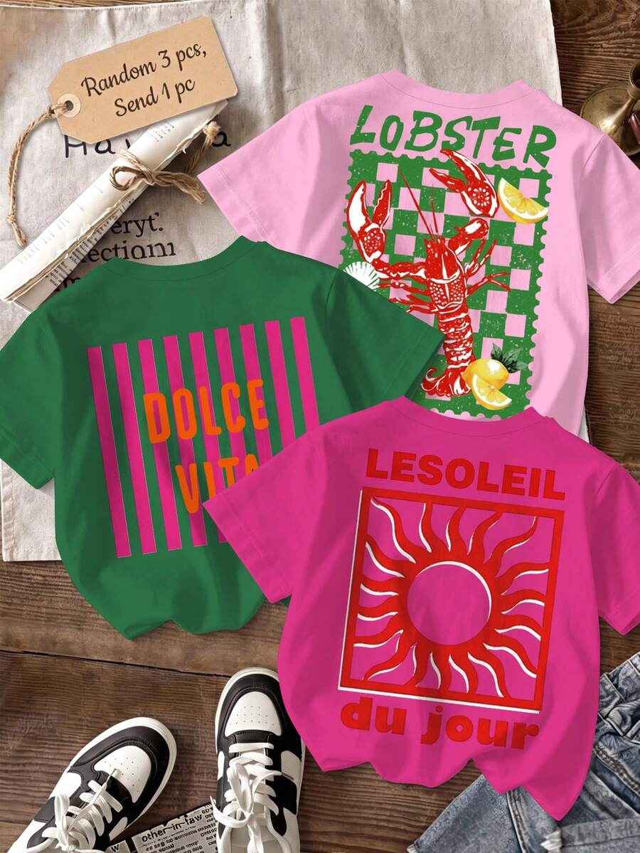 SHEIN 1件隨機女童多巴胺海灘度假風寬鬆短袖上衣,龍蝦、DOLCE VITA、太陽圖案印花T恤,適合日常穿著、外出、夏季海灘度假 - 彩色 - 查看 1
