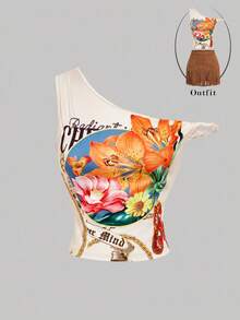 SHEIN MOD 女款 95% 棉花花卉滿版前打結上衣－夏季；海灘/度假；時尚；節慶、野餐 - 彩色 - 查看 6