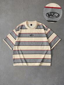 ROMWE MEN Men's Striped Loose Fit Crew Neck T-Shirt - Beige - View 1