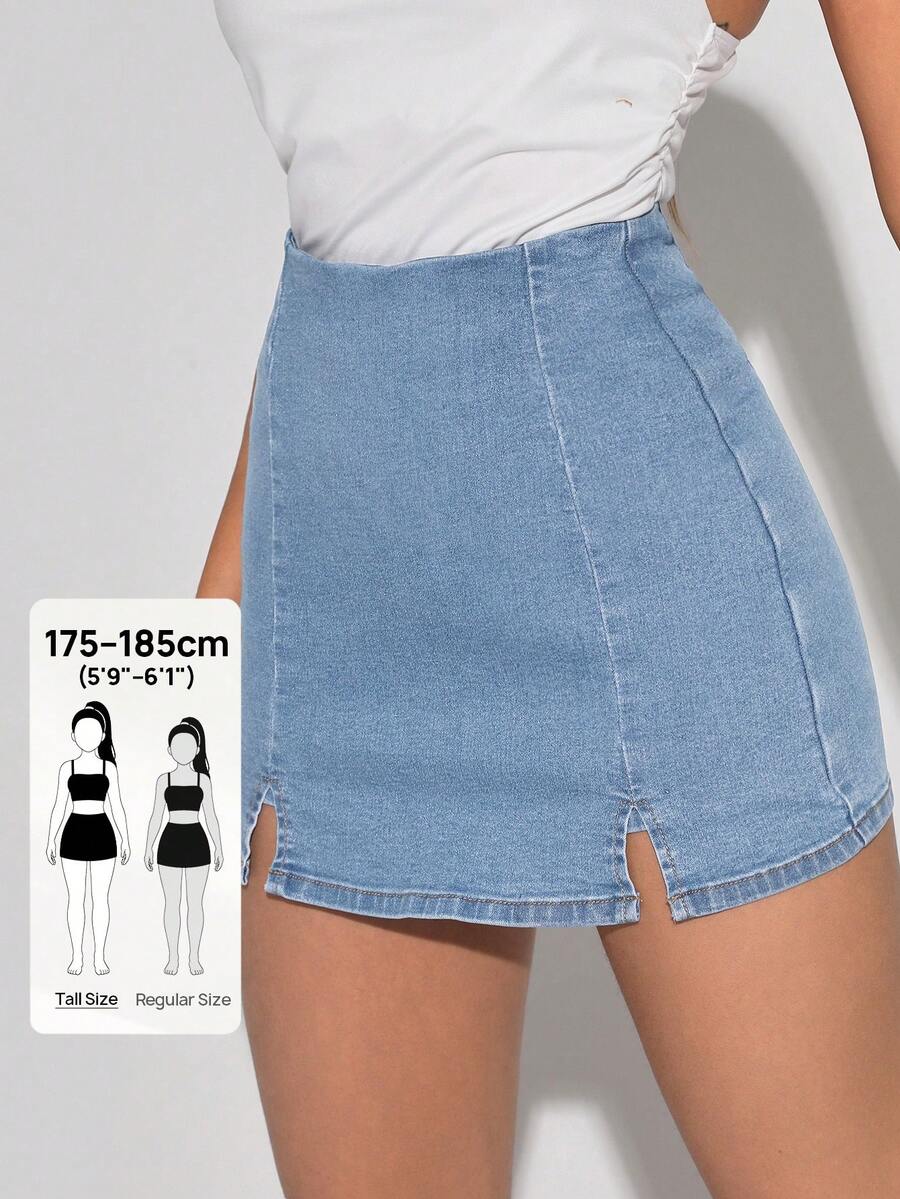 SHEIN Tall 女士休闲日常通勤牛仔短裙,侧开衩设计,夏季 - 淺色水洗藍 - 查看 1
