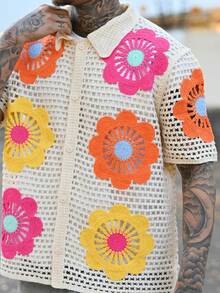 Devon Thys Men's Sexy Floral Crochet Semi-Sheer Short Sleeve Knit Top, Summer Holiday Style - Multicolor - View 6