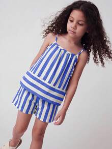 Maija Kids Maija Kids 女童編織條紋背心與短褲休閒度假套裝 - 藍白色 - 查看 5