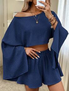 Breezaya Solid Color Cape Sleeve Cropped Top And Shorts Set - Navy Blue - View 1