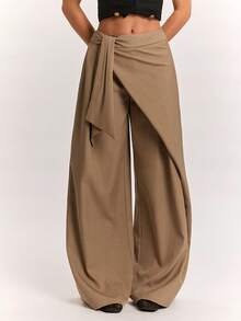 SHEIN BAE Women's Casual Commute Khaki Asymmetrical Placket Wide Leg Long Pants, Casual Long Pants, Daily Streetwear Long Pants, Back To School Long Pants, Autumn Long Pants, Airport, Khaki Long Pants - Khaki - View 5