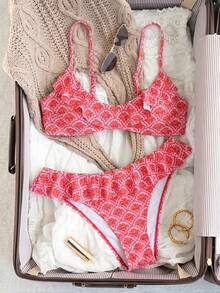 Swim Mod Women's Vacation Print Ruffle Hem Tank Top And Triangle Bikini Bottom Swimsuit Set - Pink - View 5