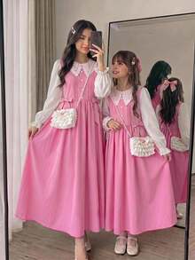SHEIN Tween女孩優雅日常百搭舒適拼接對比色蝴蝶結領長袖洋裝，適合派對，粉色與白色，秋季 - 粉色 - 查看 2