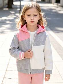 SHEIN Elladie kids 女童休閒運動灰色+桃粉色+奶油白三色幾何拼接對比夾克，胸前精緻小印花，適合日常穿著；可搭配運動束口褲、牛仔褲、百褶裙，適用校園日常、休閒出遊、居家社交、家庭聚會、短途旅行 - 彩色 - 查看 5