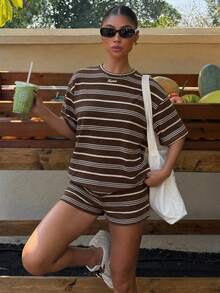Muchica Women's Summer Letter Stripe Colorblock Print Round Neck Short Sleeve T-Shirt And Striped Shorts Casual 2-Piece Set - Multicolor - View 4