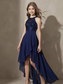 Gaun Chiffon Biru Tua Elegan untuk Pesta Kembali ke Sekolah, Wisuda, Pernikahan, Kelas Enam, Wisuda, Pesta Musim Gugur untuk Anak Perempuan Remaja. - Navy Blue - View 2