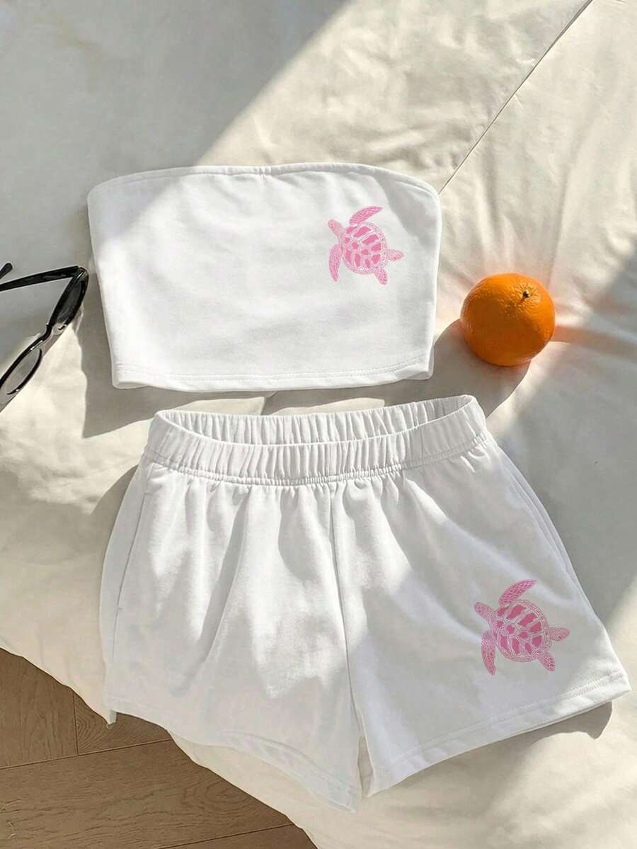 Comfortcana 女款海龜印花抹胸上衣與休閒短褲套裝 - 白色 - 查看 1