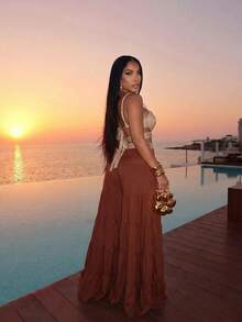 Slaydiva Damen Farbblock Plissee Cut-Out Lässig Urlaubs Cover-Up Jumpsuit Badeanzug Badeanzüge - Braun - Übersicht 3