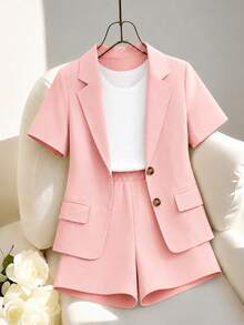 SHEIN Summer Thin Short-Sleeved Suit Set For Teens, New Elegant Style Performance And Speech Outfit - Pink - View 8