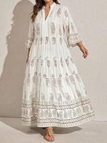 SHEIN CURVE+ 大码女式碎花喇叭袖荷叶边沙滩连衣裙度假装女装沙滩度假装，夏季女装，绿白相间长裙，绿色碎花长裙，层叠长裙，秋季女装，学生装，乡村风女装，教师装，秋季女装，秋季女装，休闲女装 - 彩色 - 查看 5
