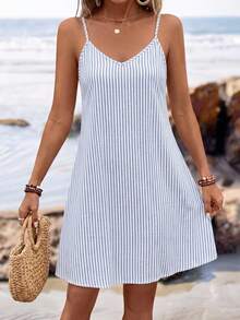 SHEIN LUNE Women's Spaghetti Strap Knit Mini Dress Suitable For Summer - Multicolor - View 5