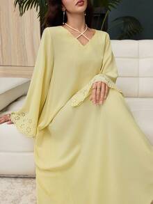 Yasmyna Cross Halter V-Neck Hollow-Out Burnout Long Sleeve Loose Textured Women's Dress - Yellow - View 8