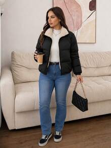 Lounesse Plus Size Women's Short Padded Coat, For Winter Fall Autumn Fall/Winter - Black - View 1