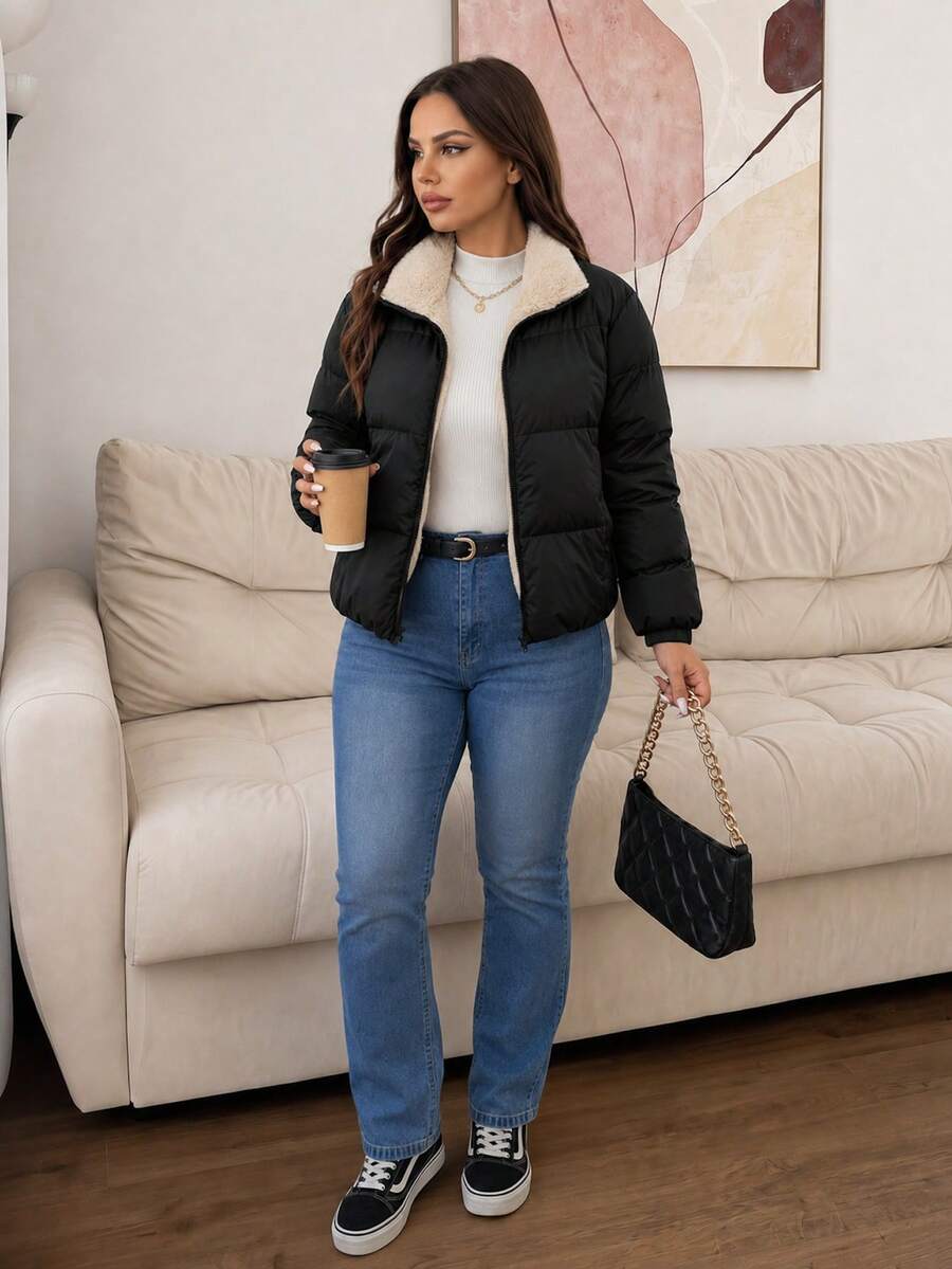 Lounesse Plus Size Women's Short Padded Coat, For Winter Fall Autumn Fall/Winter - Black - View 1