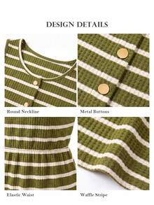 ELLERISSA Plus Size Green & White Stripe Round Neck Sleeveless Front Button Waffle Knit Mini Dress - Green - View 7
