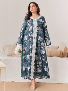 Al Najma 大尺碼花卉印花拼布和蕾絲阿拉伯服裝 - 彩色 - 查看 4