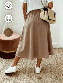 Breezaya Rok Kasual Wanita Ukuran Besar Warna Polos dengan Tali Pinggang dan Saku - Khaki - View 2