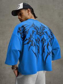 PAVTROS 男士深色圖騰風格短袖T恤，寬鬆大尺寸短袖T恤，短版寬鬆圓領短袖T恤，Y2K千禧風格，深色街頭風，哥德風，日常穿著，音樂節，Livehouse，次文化，街頭攝影，饒舌歌手，中性，情侶，最佳節日禮物 - 寶藍色 - 查看 3