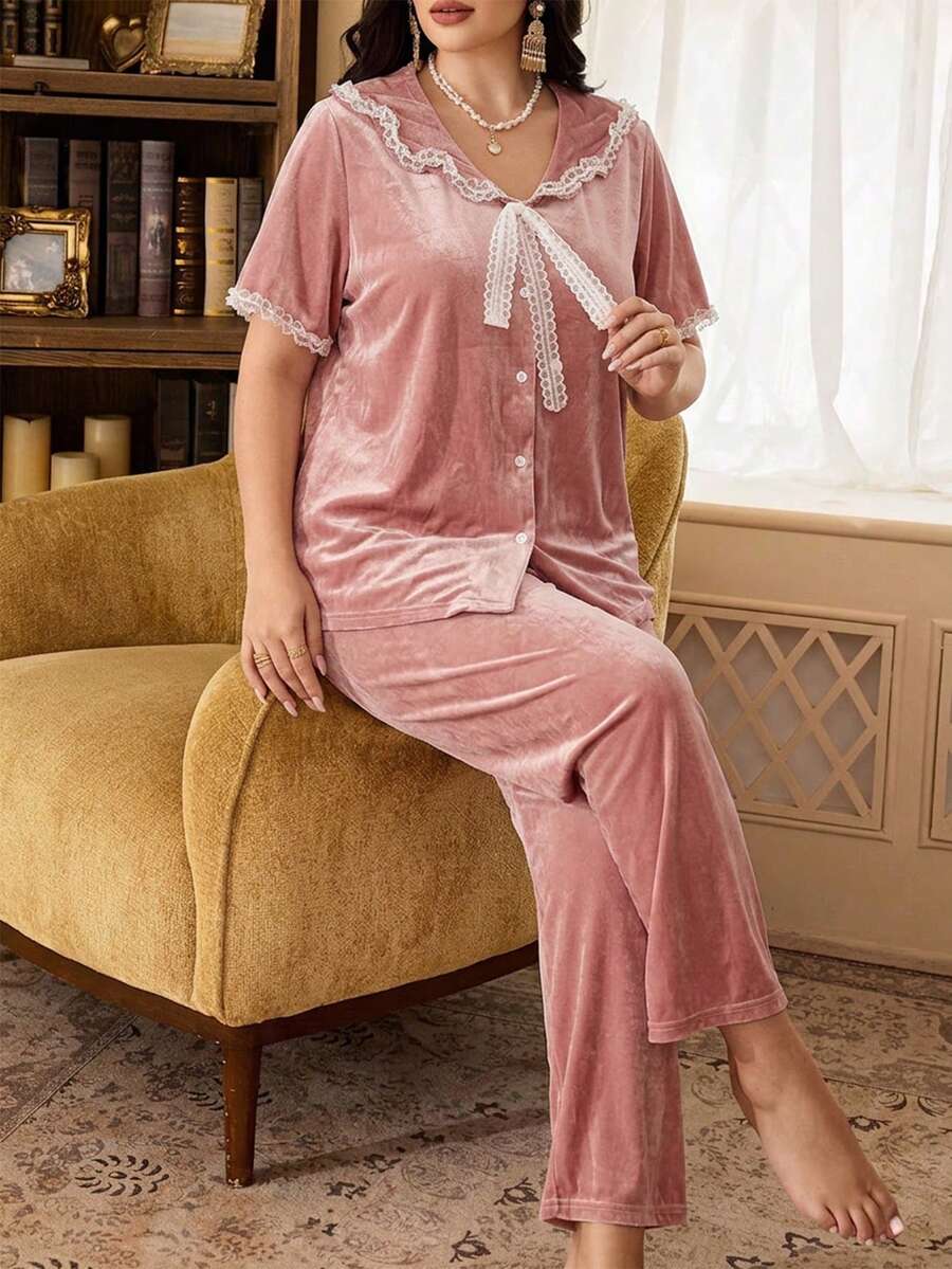 PalaceNights Autumn/Winter Velvet Lace Patchwork Plus Size 2 Pieces Pajama Set - Pink - View 1