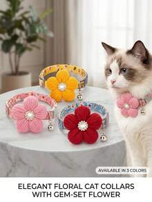 PETSIN 1 Stück Frühlings-Blumen-Haustierhalsband - Weicher Baumwollstoff mit Gänseblümchen-Muster, 3D-gestrickte Blume mit Strass-Akzent, verstellbare Schnellverschluss-Schnalle mit Glocke, frische Cottagecore-Ästhetik, perfekt für Picknicks und Spaziergänge Outdoor, passend für kleine Hunde und Katzen - Verschiedenfarbig - Übersicht 3