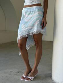 Aloruh Asymmetrical Satin Lace Patchwork Skirt - Coffee Brown - View 7