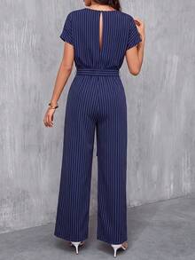 SHEIN Clasi 女款條紋時尚百搭綁帶寬鬆休閒連身褲 辦公穿搭女裝 - 藏蓝色 - 查看 2
