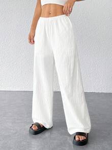 SHEIN PETITE CURVE 大码弹力腰休闲纯色裤 - 白色 - 查看 4